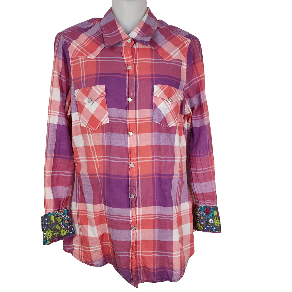 Tin Haul Shirt Women Large Western Flip Cuff Pearl Snap Multicolor Plaid Cowgirl